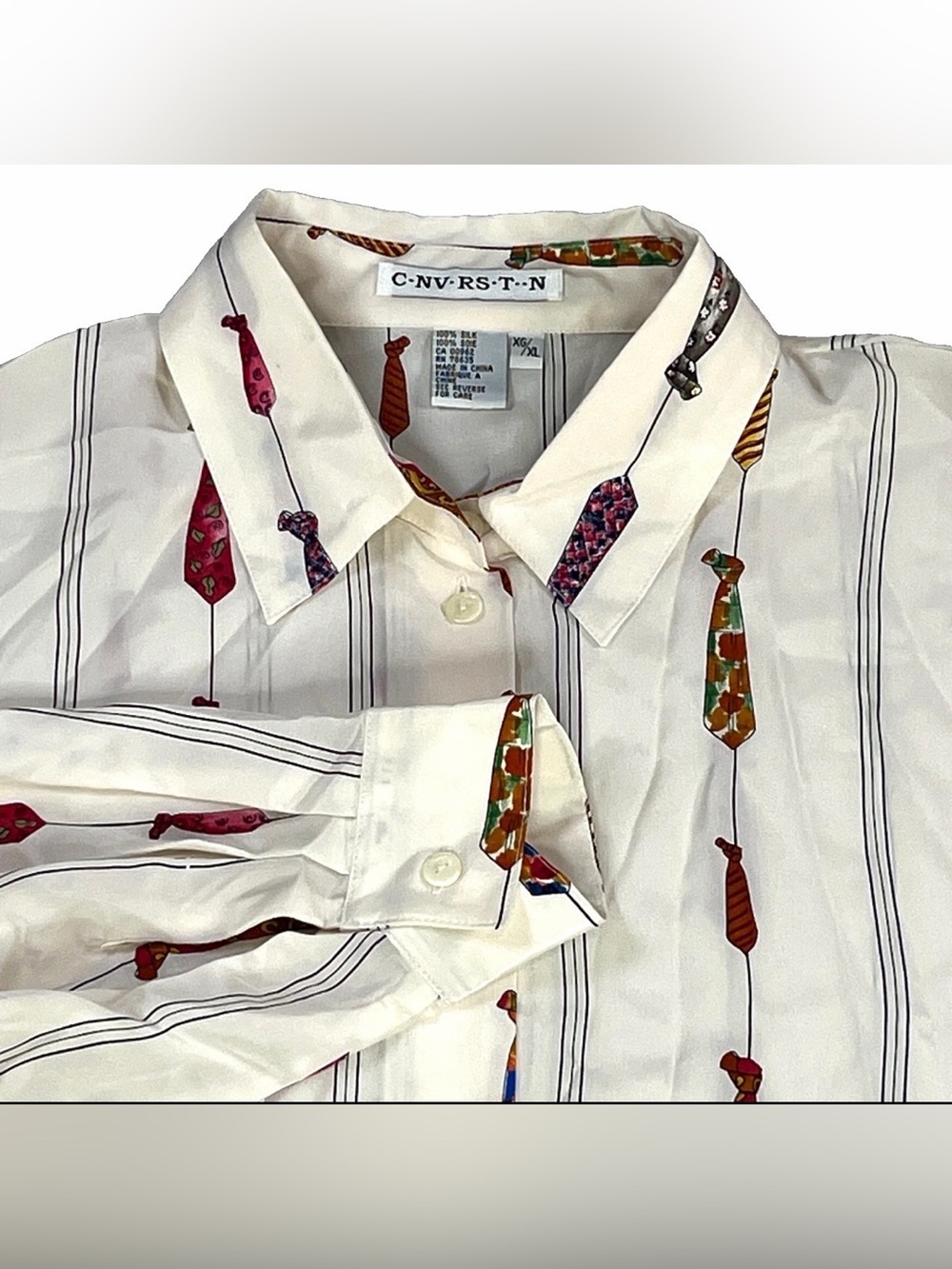 Retro Silk Button Up Shirt White Necktie Print Men’s XL Long Sleeve Novelty VTG